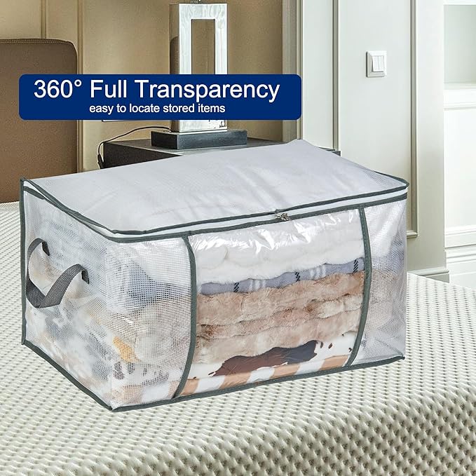 80L Clear Large Storage Bag, Clothes Storage Containers for Organizing Closet, Bedroom, Underbed, Comforters, Clothing, Blankets, Pillow, Foldable Organizer with Sturdy Handle and Zippers (3)