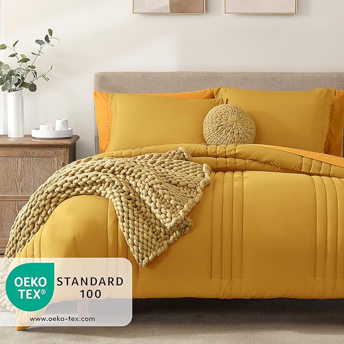 Monbix King Size Comforter Set - 7 Pieces Bed in a Bag King, Bright Yellow Bedding Sets with Comforter, All Seasons Comforter Bed Set with Sheets, Pillowcases & Shams