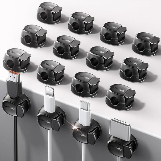 16Pack Cord Organizer [Dual Spring & Clasp, Max Secure] Cable Clips - Chfeila Cord Holder, Desk Cable Management, Adhesive Phone Charging Wire Holder for Nightstand/Car/Wall, Office Accessory - Black