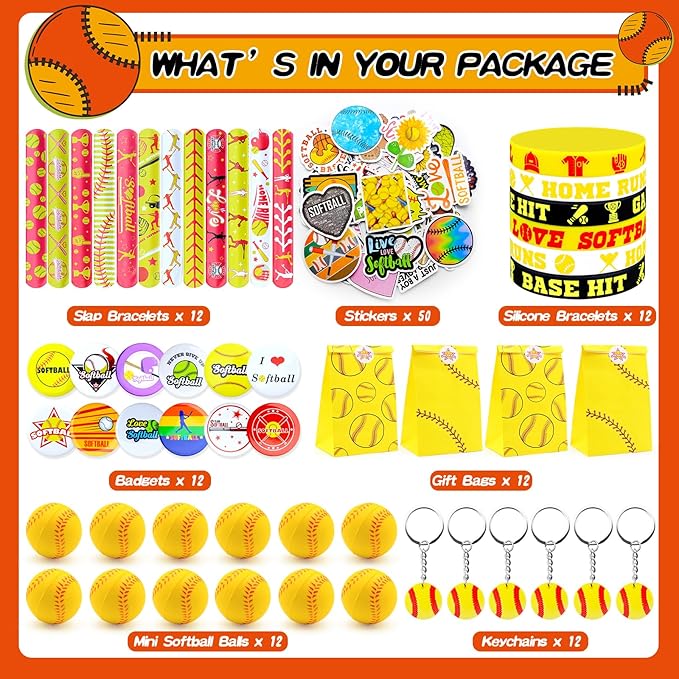 122Pcs Softball Party Favors Softball Goodie Bags Stuffers with Stress Ball Keychain Sticker Badges Silicone Bracelet for Softball Birthday Party Decorations