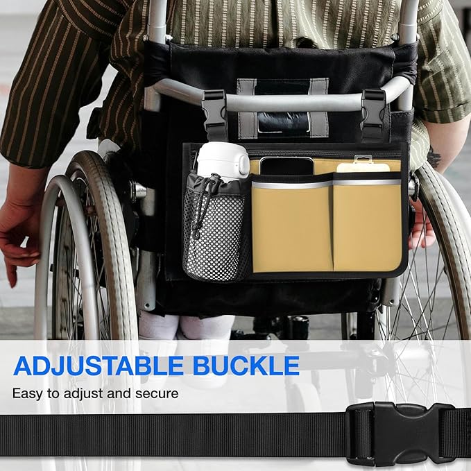 Wheelchair Bag, Walker Bag, Wheelchair Side Bag, Armrest Organizer Pouch with Cup Holder Attachment and Reflective Strip, Accessories for Most Wheelchairs, Walker, Rollators (Khaki)