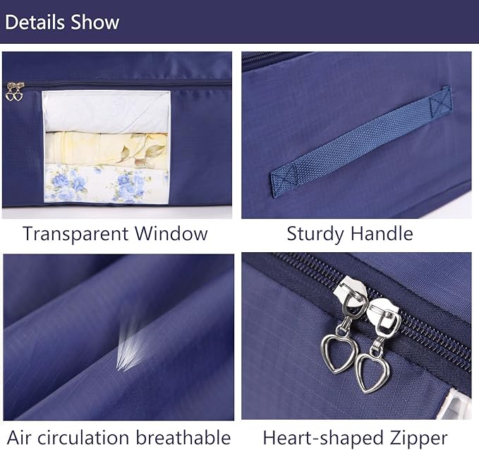 Blanket Storage Bags Pillow Bedspread Bedding Clothes Organizer Storage Containers With Zippers Breathable and Moistureproof. (Navy blue 2pcs, L)