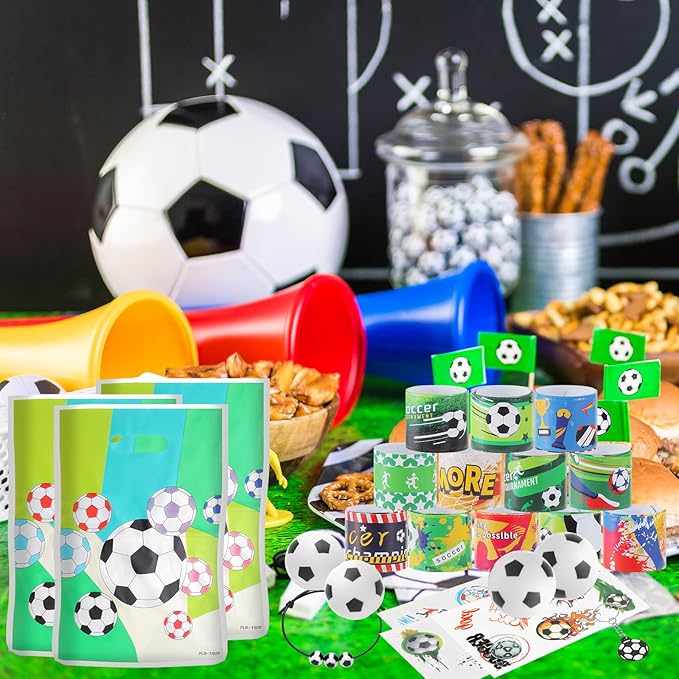 295 Pieces Soccer Party Favors Supplies Set Bulk Mini Soccer Ball Soccer Slap Bracelet Tattoo Sticker Keychain Adjustable Bracelet Goodie Bag Fillers for Sports Soccer Party Gifts Bags (Soccer)