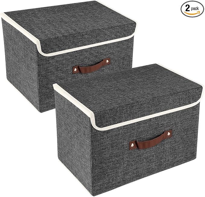 TYEERS Collapsible Storage Boxes, Washable Fabric Storage Bins with Lids, 14.9x9.8x9.8 inches, 2 Pack, Black