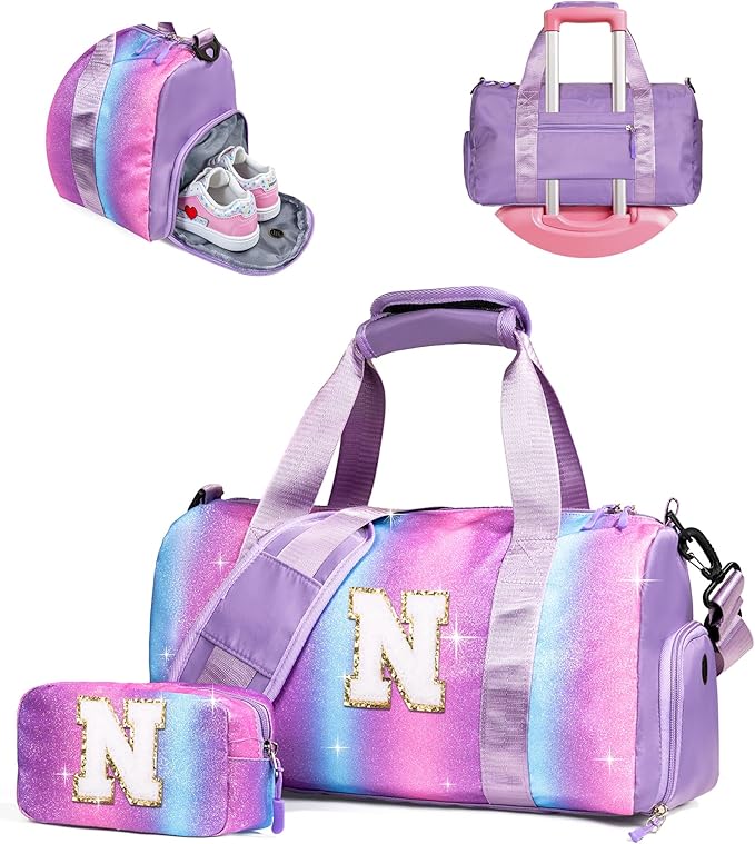 Girly Girl Stuff-Girl Gym Bag with Shoe Compartment, Kid Personalized Weekender Overnight Bags, Initial Travel Tote with Makeup Pouch, Easter Gift 5 6 7 8 9 10 Year Old (Letter N)