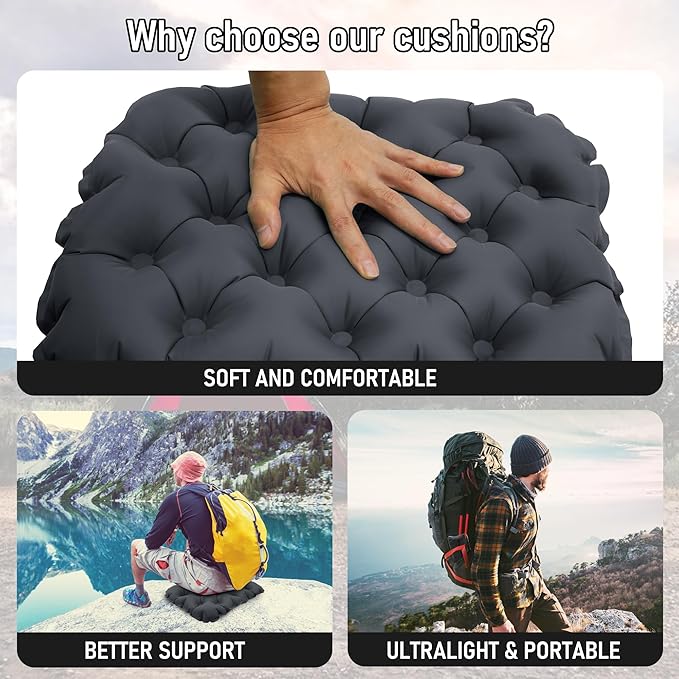 BreezCamp Inflatable Seat Cushion, Lightweight Stadium Seat Pad, Camping Accessories Chair Pad for Airplane Travel, Hiking, Climbing, Home and Office,Black
