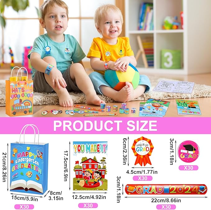 180 Pcs Kindergarten Graduation Party Favor Set Include 60 Slap Bracelets 30 Coloring Books 30 Paper Bags 30 Button Pin and 30 Grad Badge Sticker for Kindergarten Graduation Party Supplies