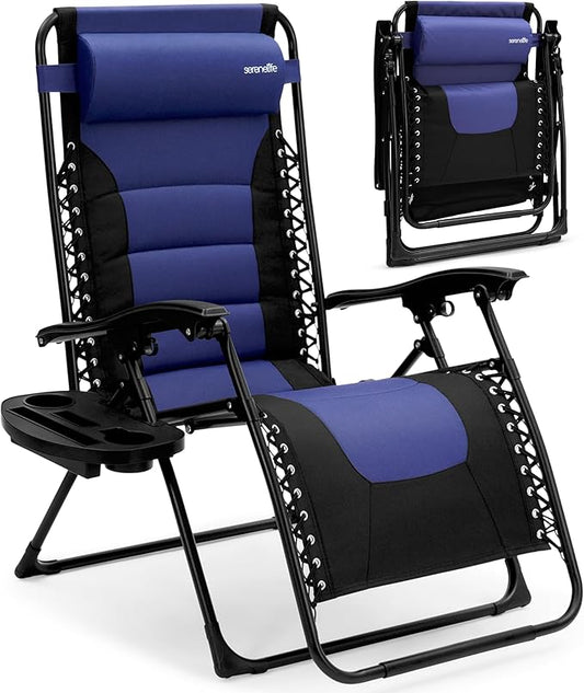 SereneLife Padded Zero Gravity Recliner Chair – Adjustable Foldable Lounge Chair with Side Table, Cup Holder & Headrest, Lockable Recline, Blue & Black, for Patio, Lawn, Camping, or Outdoor Relaxation