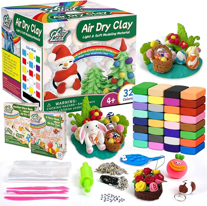 Chico Land Clay Kit - 32 Colors Air Dry Clay, Gift for Boys & Girls Age 4+ Year Old, DIY Model Modeling Clay kit for Kids, with Sculpting Tools, Decoration Accessories, Kids Art Crafts