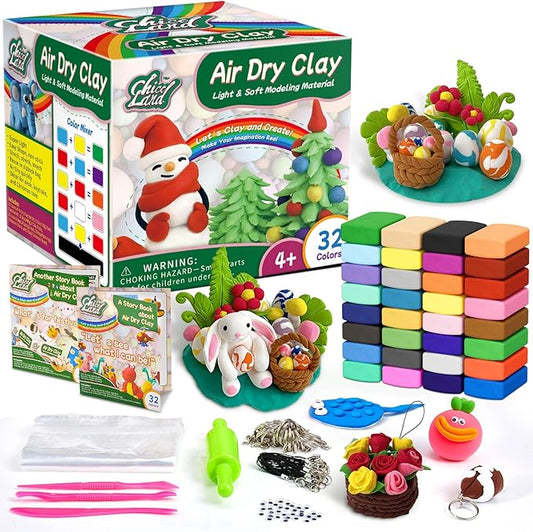 Chico Land Clay Kit - 32 Colors Air Dry Clay, Gift for Boys & Girls Age 4+ Year Old, DIY Model Modeling Clay kit for Kids, with Sculpting Tools, Decoration Accessories, Kids Art Crafts