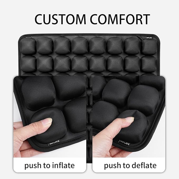 Inflatable Seat Cushion with Built-in Pump - Adjustable 3D Air Travel Cushion for Airplane, Car, Wheelchair - Portable Black Chair Pad for Long Flights, Driving, 17.7x15.7 Inches Black