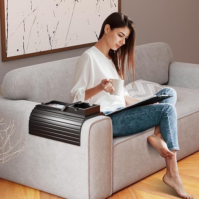Bamboo Couch Armrest Table, Sofa Arm Tray with Detachable Couch Cup Holder- 2 in 1 Anti-Slip Foldable Sofa Armchair Caddy Table for Drinks Cellphone TV Remote Snacks (Black)