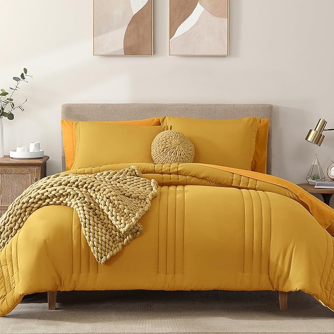 Monbix King Size Comforter Set - 7 Pieces Bed in a Bag King, Bright Yellow Bedding Sets with Comforter, All Seasons Comforter Bed Set with Sheets, Pillowcases & Shams