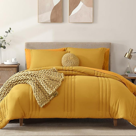 Monbix King Size Comforter Set - 7 Pieces Bed in a Bag King, Bright Yellow Bedding Sets with Comforter, All Seasons Comforter Bed Set with Sheets, Pillowcases & Shams