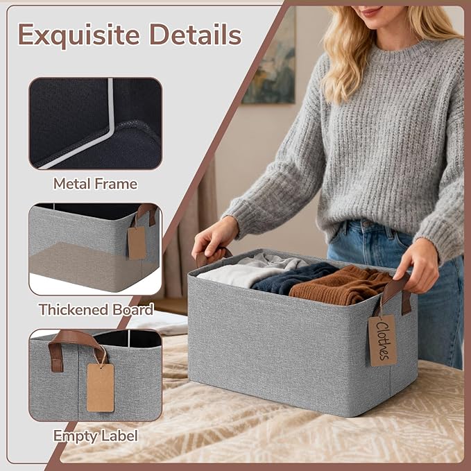 CHICVITA 4 Pack Storage Baskets for Shelves, Foldable Fabric Storage Bins with Metal Frame Handles, Closet Organizer Bins for Toys Blankets, 14.8" x 10.3" x 8.3", Gray