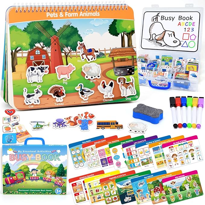 Busy Book for Toddlers, Montessori Toys for 3+ Year Old, Preschool Learning Activities Autism Sensory Toys Travel Toys Educational Toys Book with Classified Storage Box and Writing and Drawing Board