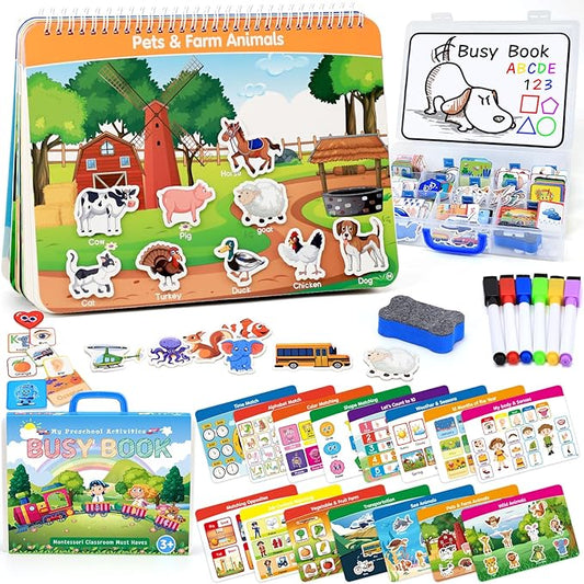 Busy Book for Toddlers, Montessori Toys for 3+ Year Old, Preschool Learning Activities Autism Sensory Toys Travel Toys Educational Toys Book with Classified Storage Box and Writing and Drawing Board