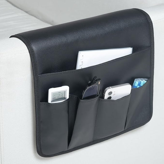 PU Leather Sofa Armrest Organizer, Armchair Magazine Holders, Waterproof Remote Holder for Recliner Couch with 1 Large Pocket, 4 Small Pockets for Magazine, Remote, Phone, Ipad, Books (Black)