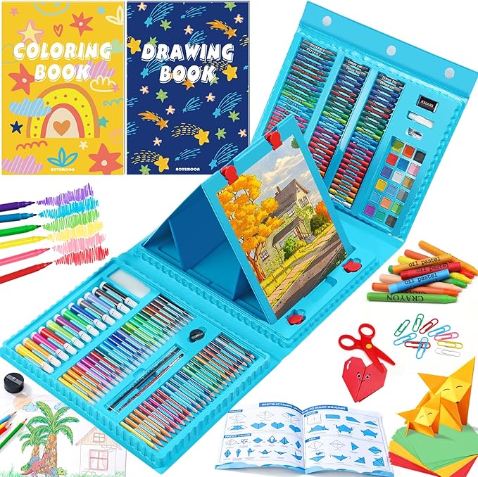 All in One Art Supplies, Art Kit Includes Easel, Origami Paper, Colored Pencils, Crayons, Drawing Book, Coloring Book, Watercolor Pens, Markers and Oil Pastels, Gifts for Girls Boys Teens, Blue