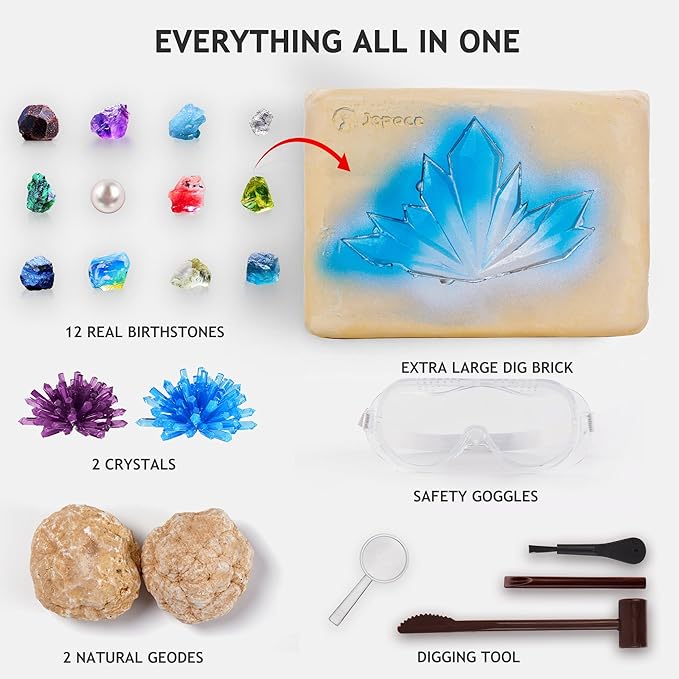 Japace Earth Science Kits for Kids Age 4-6-8-12-14, Birthstone Gemstone Dig Kit, Geology Kit with Break Your Own Geodes, Crystal Growing Experiment, Rock Mining Kit Birthday Gifts Toys for Boys Girls