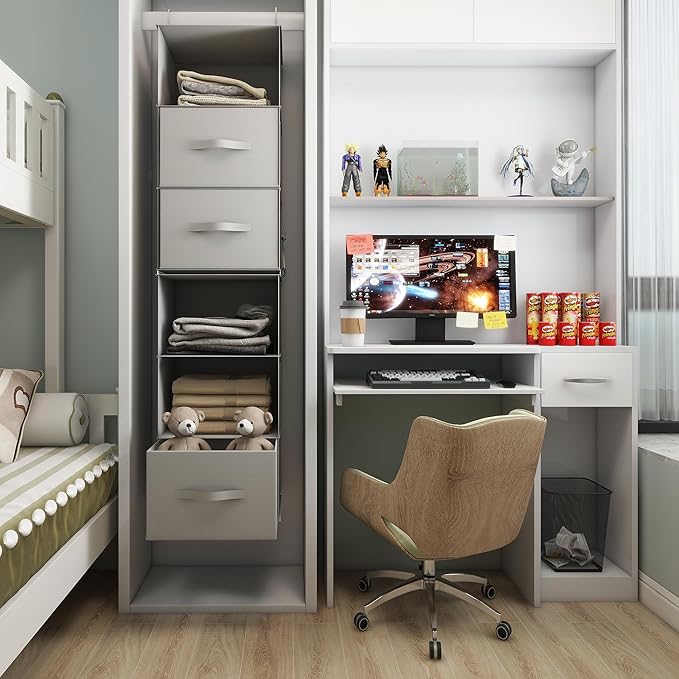 Twira 6-Shelf Hanging Closet Organizer, 2 Separable 3-Shelf Hanging Shelves, Hanging Storage with 3 Removanle Drawers 4 Side Pockets for Wardrobe, Nursery, Drom, Baby Clothes Organization Light Grey