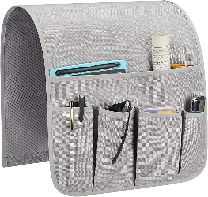 Sofa Armrest Organizer, Remote Control Holder for Recliner Couch, Arm Chair Caddy with 6 Pockets for Magazine, Tablet, Phone, iPad (Silver Gray, W13'' x L33'')