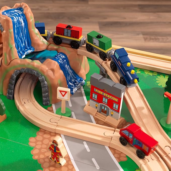KidKraft Adventure Town Railway Wooden Train Set & Table with EZ Kraft Assembly™ with 120 Accessories and Storage Bins, Gift for Ages 3+