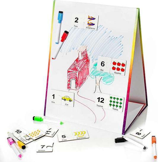 Kids Self-Standing Double-Sided Tabletop Magnetic Easel Dry Erase White Board. Includes 8 Dry Erase Markers + Educational Magnetic Numbers Puzzle (Easel + Puzzle)