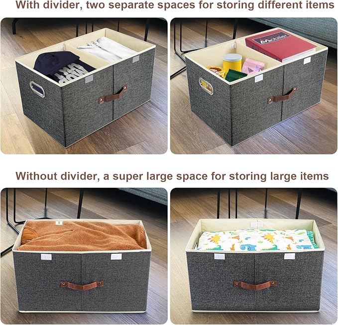 TYEERS Extra Large Collapsible Storage Bins with Lids and Compartments, Washable, Fabric Storage Boxes, 21.7x13x11.8 inches, 3 Pack, Black