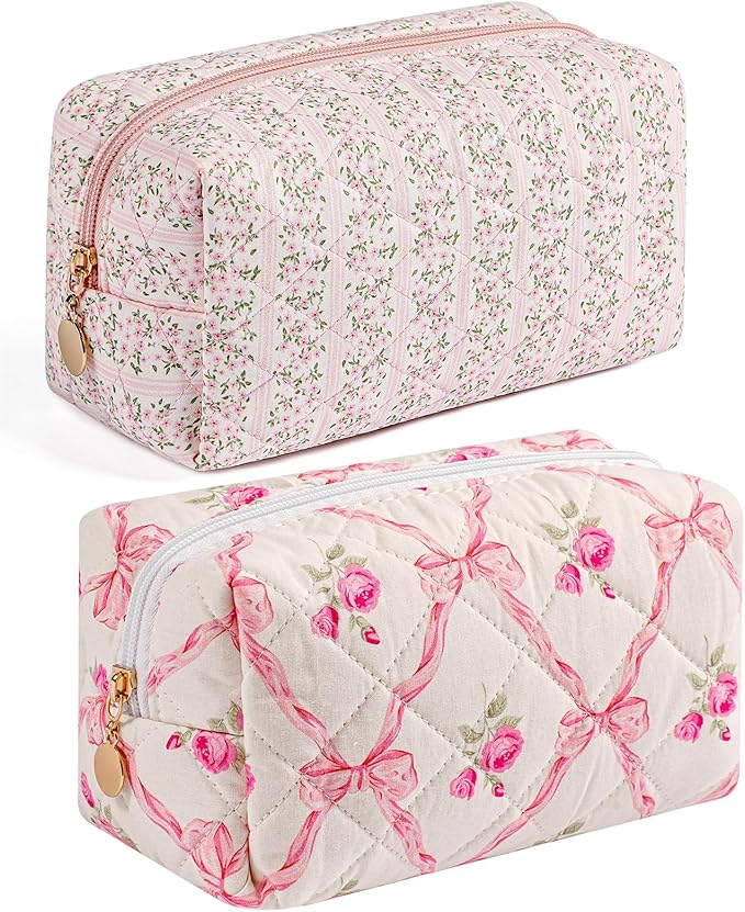 HHQQWZ Makeup Bag Travel Cosmetic Bag for Women Girls, Zipper Make Up Pouch, Floral Flowers Toiletry Organizer Makeup, Portable Storage Bag, Cosmetic Travel Cloth Bag (Pink+Pink Bowknot)