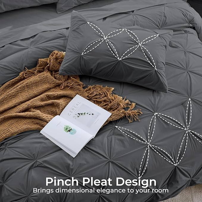 Sasttie California King Comforter Set, 7-Piece Bed in a Bag, Pintuck Bedding Sets for All Season, Includes Comforter, Flat Sheet, Fitted Sheet,Pillowcases and Pillowshams, Dark Grey