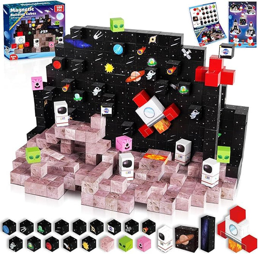 Goody King 100PCS Space Rocket Magnetic Building Blocks |Space Adventure Magnetic Tile Set, STEM Montessori Stacking Toy, Building Playsets for Boys and Girls Ages 3-10,Sensory Tile Building Christmas