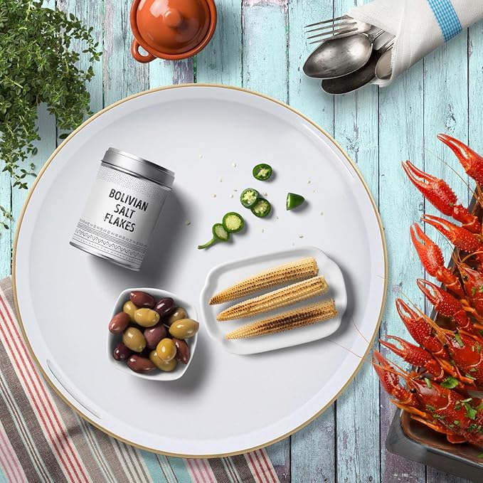 Omuriko White Round Decorative Tray with Handles, 13" Versatile Serving Tray for Coffee Table, Ottoman, Ideal for Serving, Displaying, Organizing