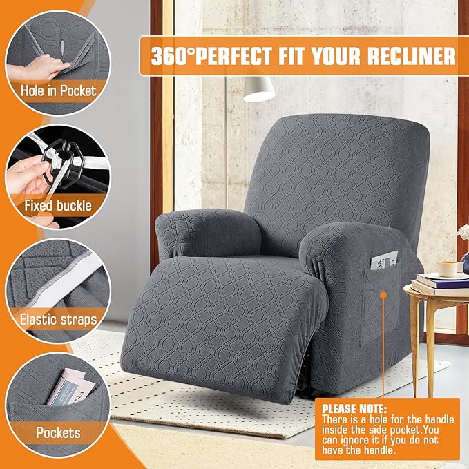 VANSOFY Oversized Recliner Chair Cover, 4-Pieces Stretch Recliner Covers for Recliner Chair Soft Reclining Chair Slipcover Jacquard Pattern Furniture Protector for Dogs Cats(Dark Gray)