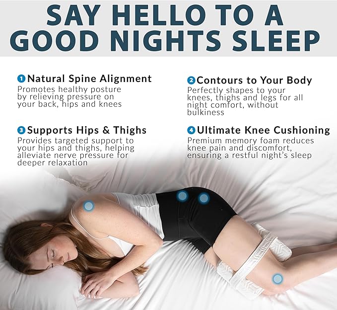 ComfiLife Knee Pillow for Side Sleepers – Cooling Leg Pillow for Side Sleeping – Knee Pillow with Strap for Hip Pain, Back Pain, Sciatica Pain Relief – Memory Foam Hip Pillow Contour Design