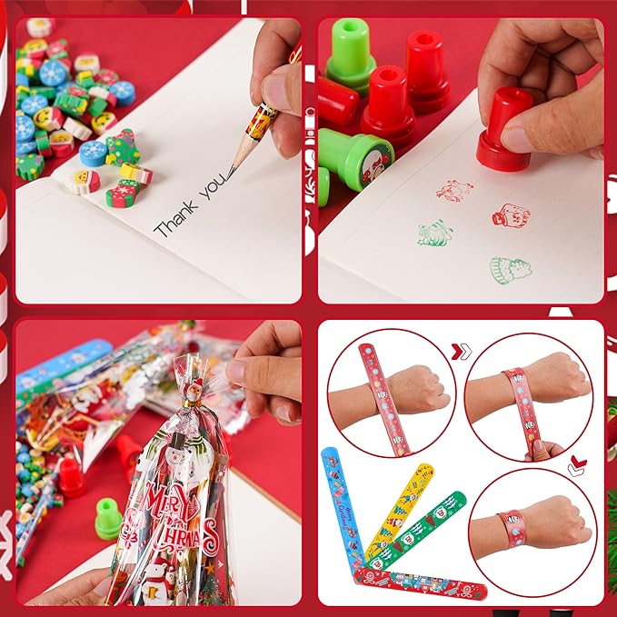 360 Pieces Christmas Stationery Party Favors Bulk: Christmas Pencil Eraser Slap Bracelets Stamps Treat Bags for Kids Classroom Gift Exchange School Games Prizes Reward Prizes Carnival Events