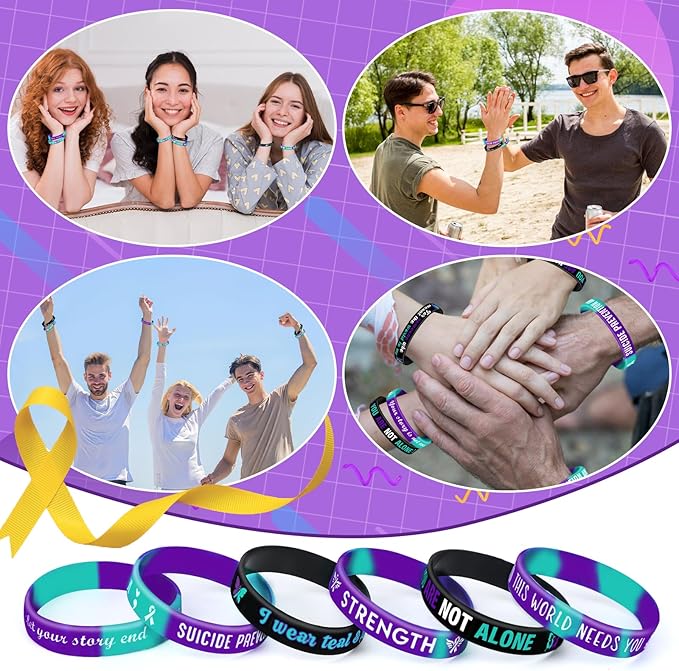 JUNEBRUSHS 42pcs Suicide Prevention Awareness Silicone Wristband Bulk Purple Teal Ribbon Inspirational Rubber Bracelets for Suicide Prevention Awareness Inspirational Favor Charity Campaign Supplies