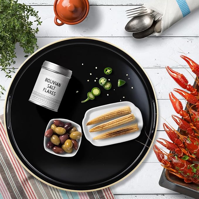 Omuriko Black Round Decorative Tray with Handles, 13" Versatile Serving Tray for Coffee Table, Ottoman, Ideal for Serving, Displaying, Organizing