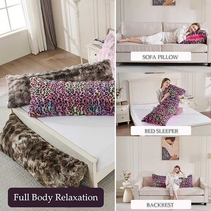 20x54 Fluffy Leopard Print Full Body Pillow,Cheetah Print Plush Fuzzy Faux Fur Body Pillows,Ultra Soft Bed and Sofa Pillow for Side Sleeper & Pregnancy,Furry Long Pillows-Rainbow Leopard