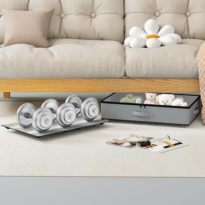 Under Bed Storage with Wheels, No Assemble Required 5.5 inches height grey under bed storage bins,Low Profile Rolling Underbed Shoe Storage containers，dorm underbed storage drawers