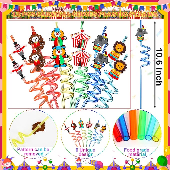 Circus Party Favors 72 PCS Circus Clown Animal Slap Bracelets DIY Stickers Tattoo Stickers Keychains Plastic Straws Gift Bags for Kids Carnival Theme Birthday Party Baby Shower Classroom Rewards