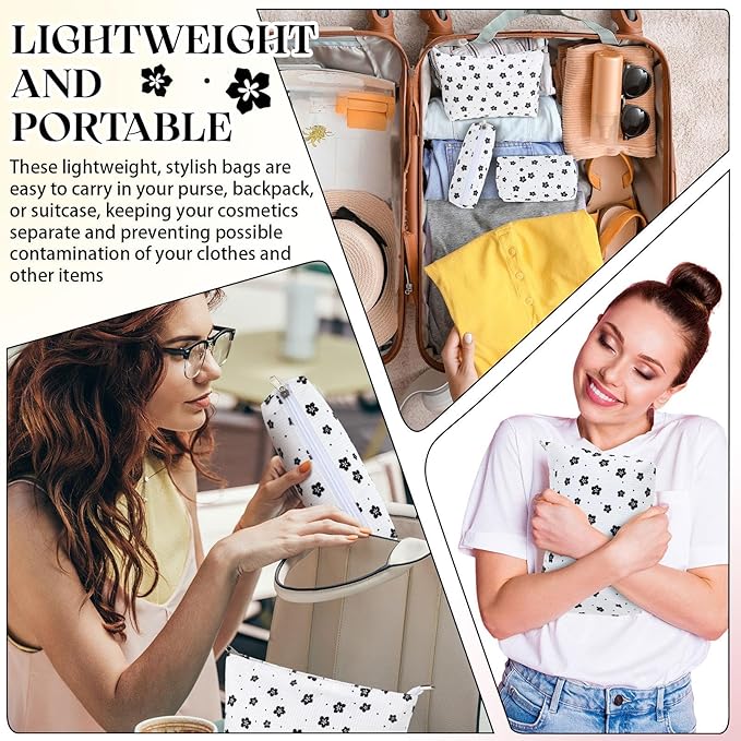 Huhumy 3 Pcs Makeup Bag Set for Women Corduroy Cosmetic Pouch Aesthetic Smile Travel Toiletry Bag Cute Purse Pouch Pencil Case Makeup Brushes Storage Organizer for Valentine(White,Floret)