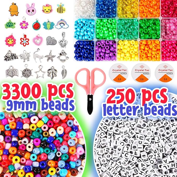 Goody King Jewelry Making Kit Beads for Bracelets - 5000+pcs Bead Craft Kit Set, Glass Pony Seed Letter Alphabet DIY Art and Craft - Gift for Her Women Kid Age 6 7 8 9 (9mm)