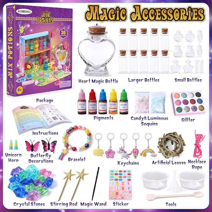 B Bascolor Fairy Themed Mixed Potion Craft Kit for Kids Girls - Potions Making Art Craft DIY Mixes Kit 21pcs Potion Bottles, Creative Magic Kit Girl Birthday Gift Toys for 6 7 8 9 10 11 12 Year Old