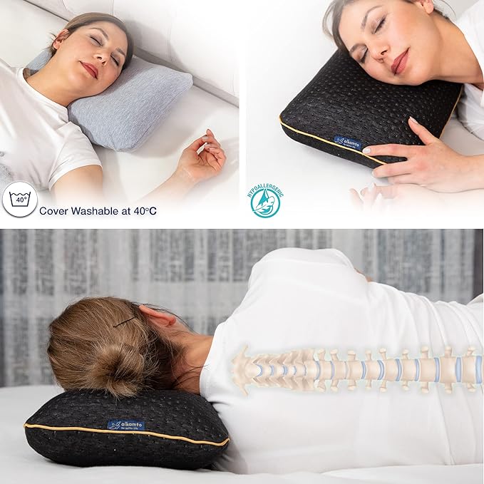 alkamto Travel & Camping Comfortable Memory Foam Pillow – Easy to Carry Portable Bag – Temperature Regulating Pillow Case (Black + Extra Cover)