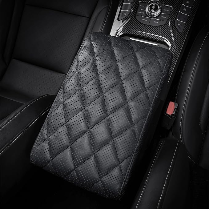 POKSRI Car Center Console Cover/pad Genuine Leather,Universal Armrest mat, Adjust driving posture Cushion,Protector box,Memory Foam,Real cowhide,Relieves shoulder/arm fatigue,boosting driving safety