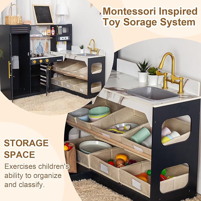 Corner Play Kitchen for Kids Kitchen Playset with Toy Storage System, Wooden Toy Kitchen Set with Plenty of Play Features, Toddler Kitchen Set for Boys and Girls Ages 3+ (Dark Blue)