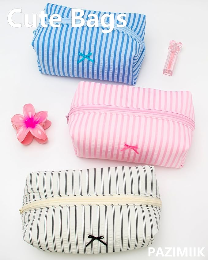 Cozy Makeup Bag Small Aesthetic Travel Zipper Cosmetic Pouch for Women Make Up Beauty Accessories Brushes, Stripe Cute Pink