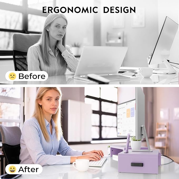 BONTEC Dual Monitor Stand Riser with Smartphone Holder, Adjustable Length & Swivel Angle, Ergonomic Wooden Desktop Organizer for PC Monitor, Laptop, Printer, Large Storage, Purple
