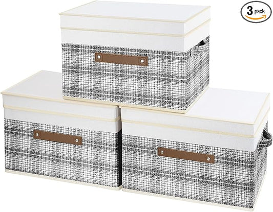 TYEERS Collapsible Storage Bins with Lids, Patchwork Design, Washable, Fabric Storage Boxes, 14.9x9.8x9.8 inches, 3 Pack, Gray
